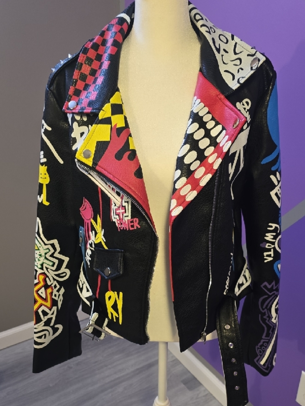 Painted Black Leather Biker Jacket with Multicolor Graffiti Accents - Picture 2 of 14